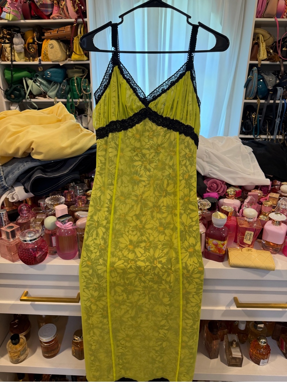Urban Outfitters Yellow Floral Slip Dress with Black Lace Trim